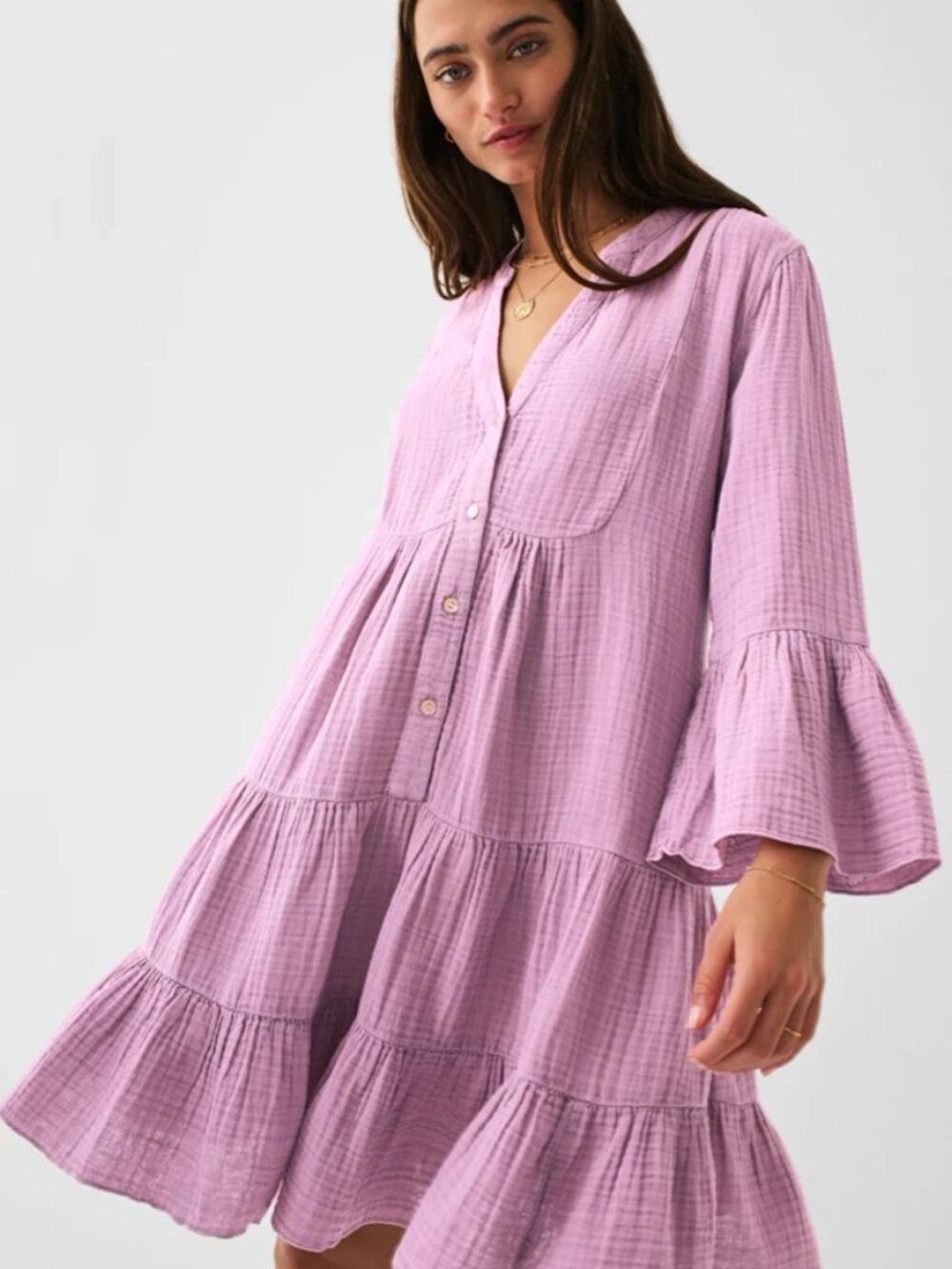 Faherty Purple Cotton Gauze Tiered Kasey Dress